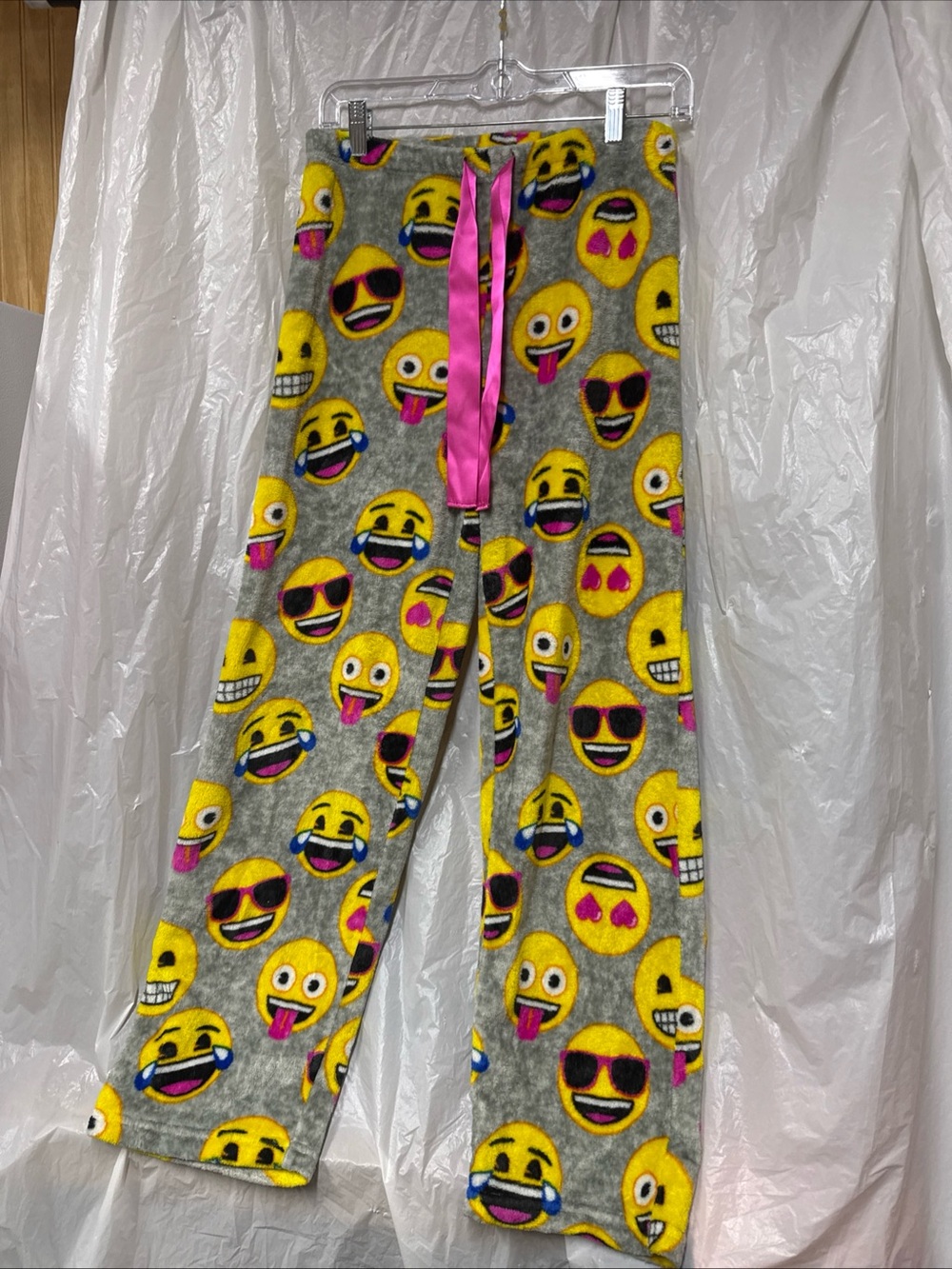 Emoji Print Pajama Pants - Gray & Yellow with Pink Drawstring size small 4/6